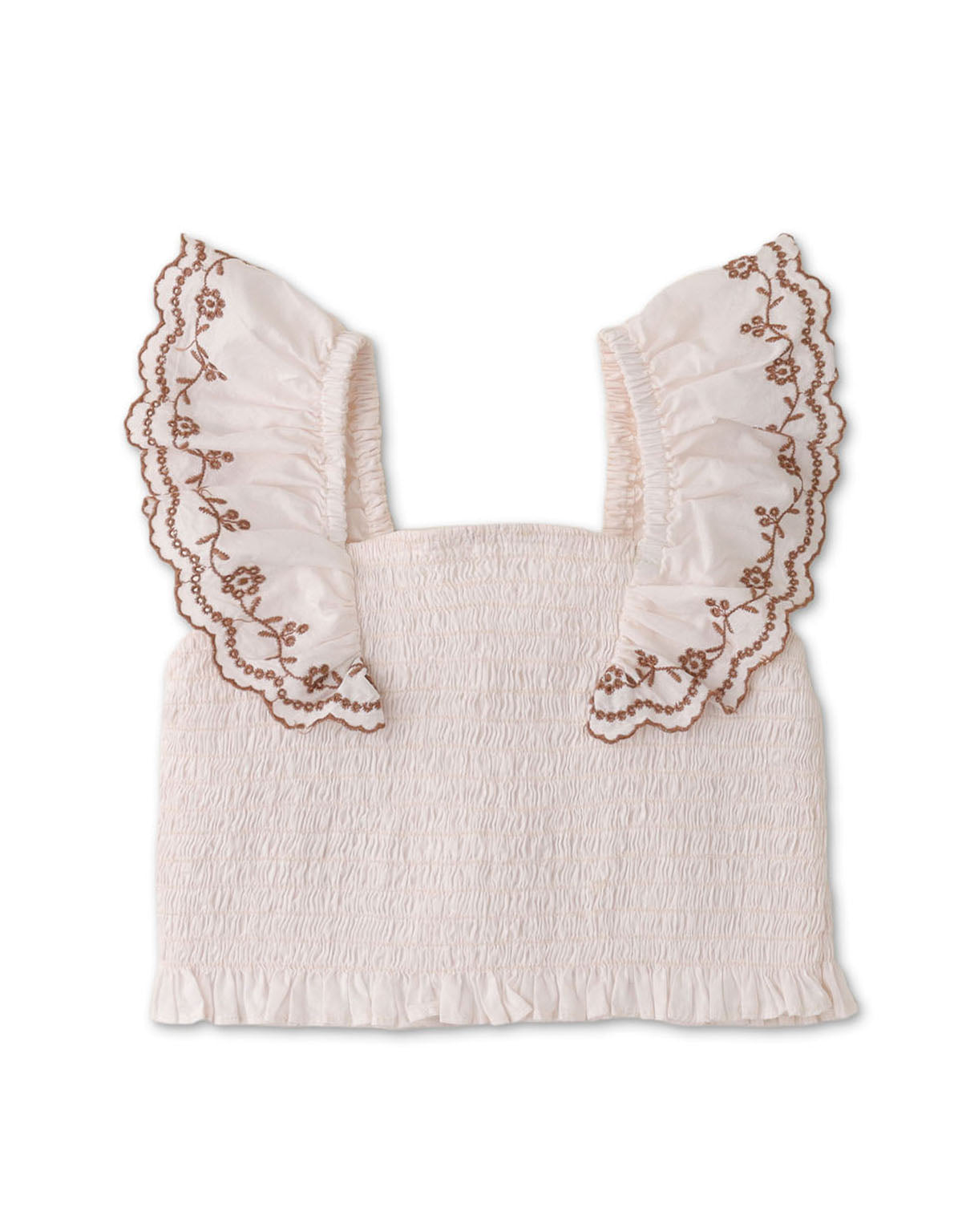 GIRLS SMOCKED TOP WITH EMBROIDERED FRILL SLEEVES