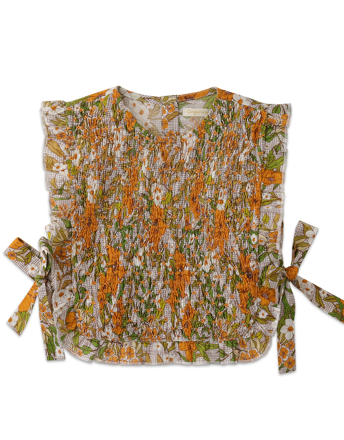 GIRLS CABLE SMOCKED TOP WITH RUFFLE EDGE AND SIDE TIES