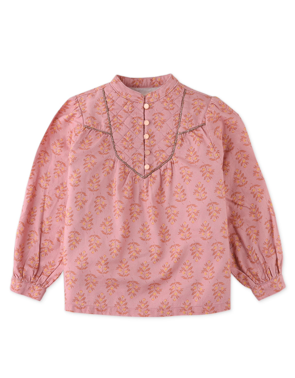 GIRLS FLORAL PRINT TOP WITH WADDED YOKE AND LUREX INSERT CORD