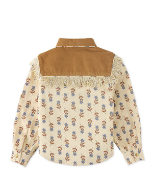 Girls Printed Button Down Shirt With Fringes On Combi Yoke front view
