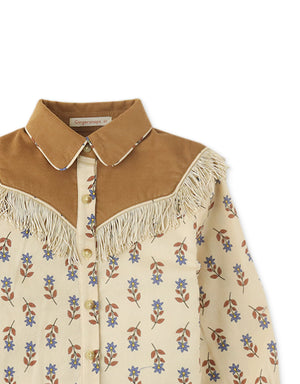 Girls Printed Button Down Shirt With Fringes On Combi Yoke style detail