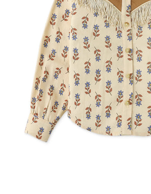 Girls Printed Button Down Shirt With Fringes On Combi Yoke close-up detail