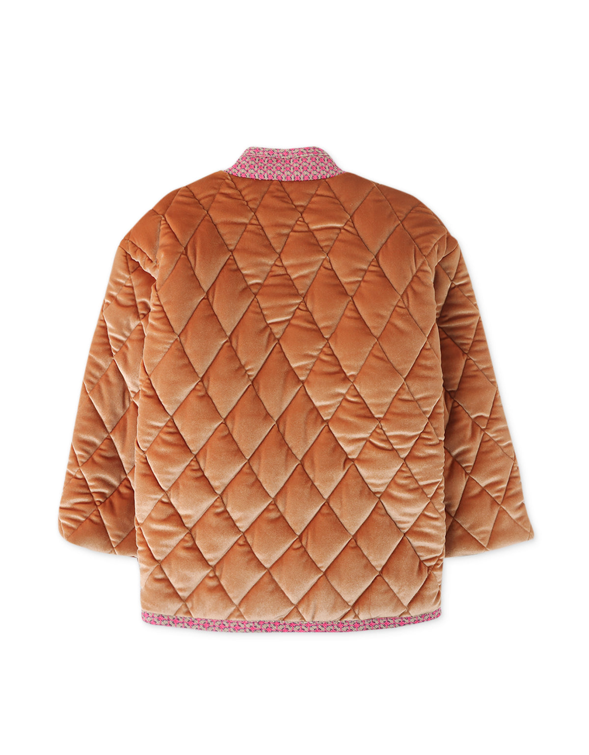 GIRLS WADDED VELVET COAT WITH CONTRAST BINDING AND BUTTON LOOPS