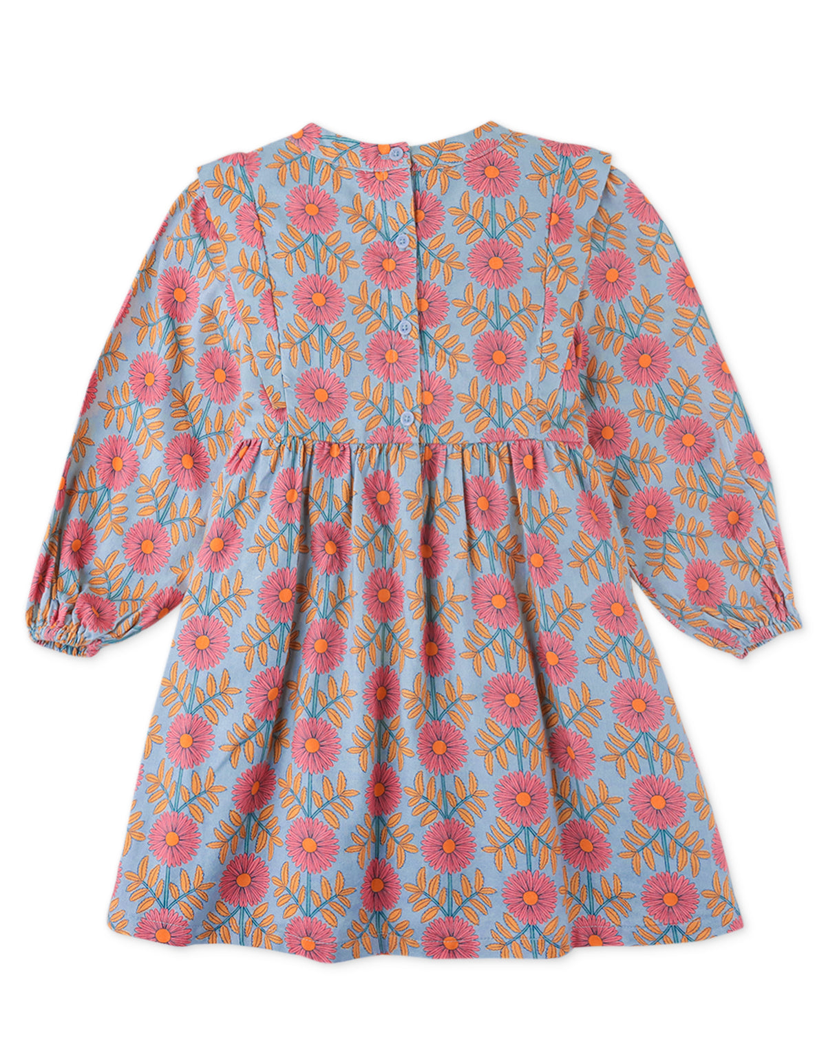 GIRLS SIDE VENTED PRINTED DRESS WITH CHEST SMOCKING