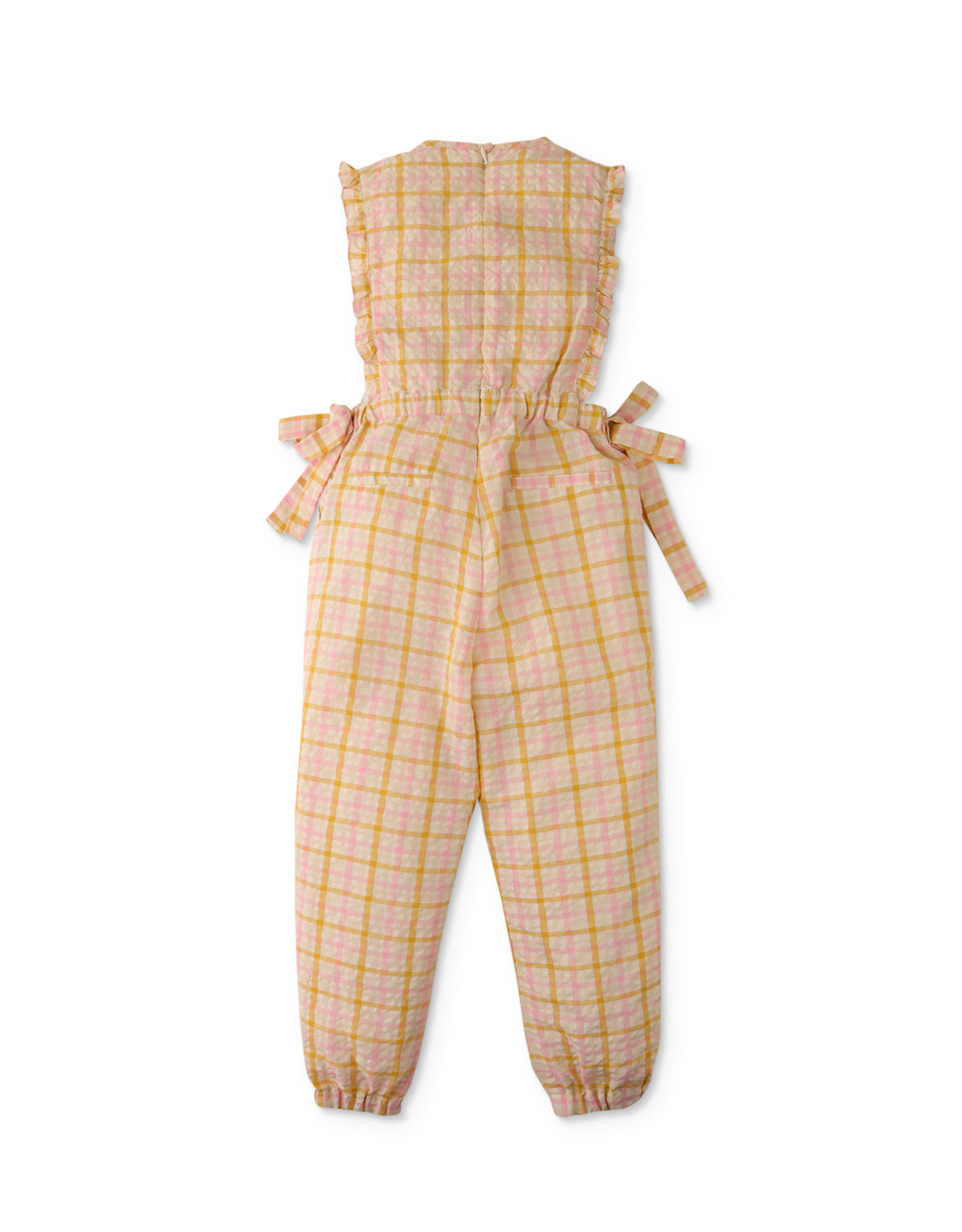 GIRLS JUMPSUIT WITH CABLE SMOCKED BODICE AND SIDE TIES