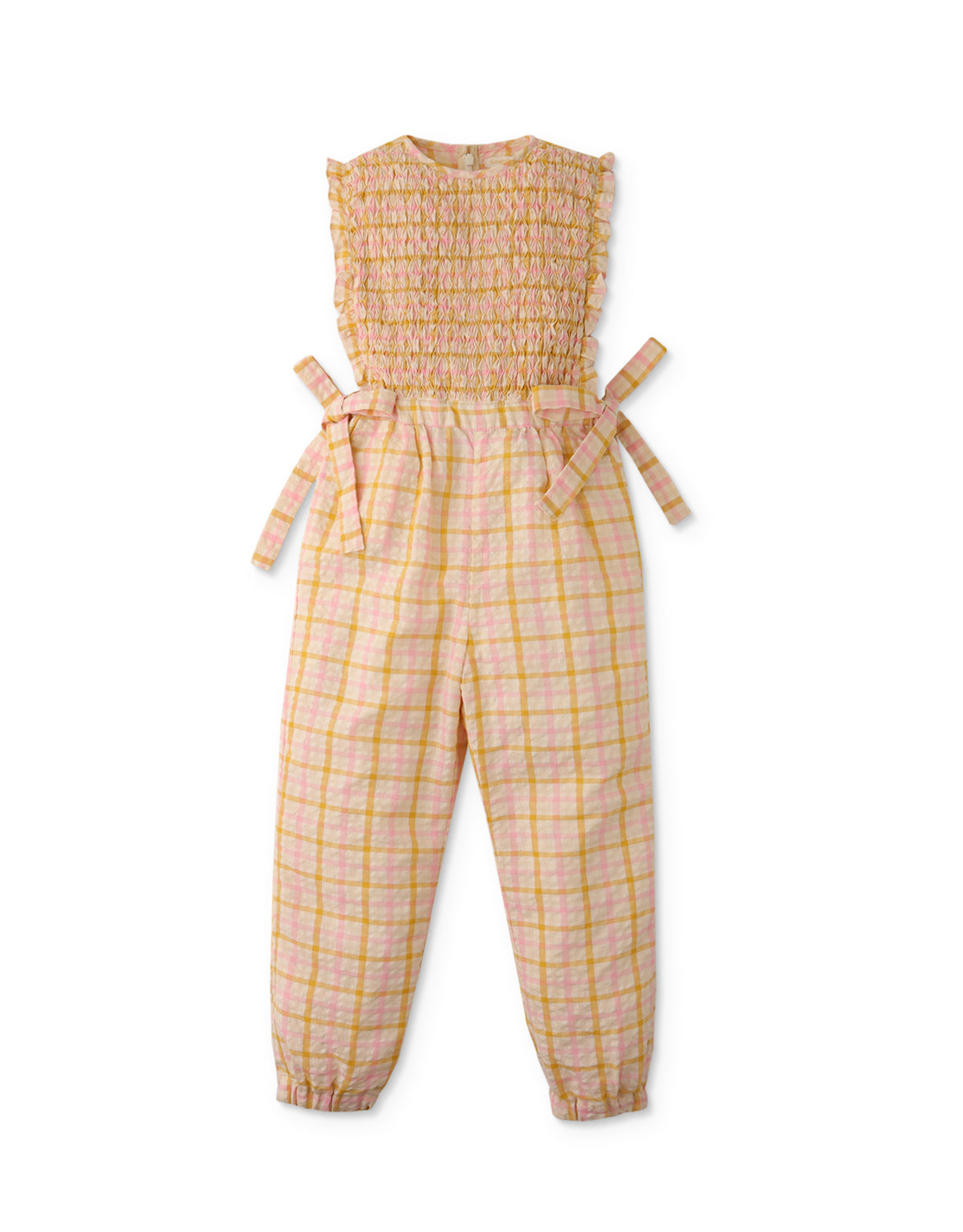 GIRLS JUMPSUIT WITH CABLE SMOCKED BODICE AND SIDE TIES
