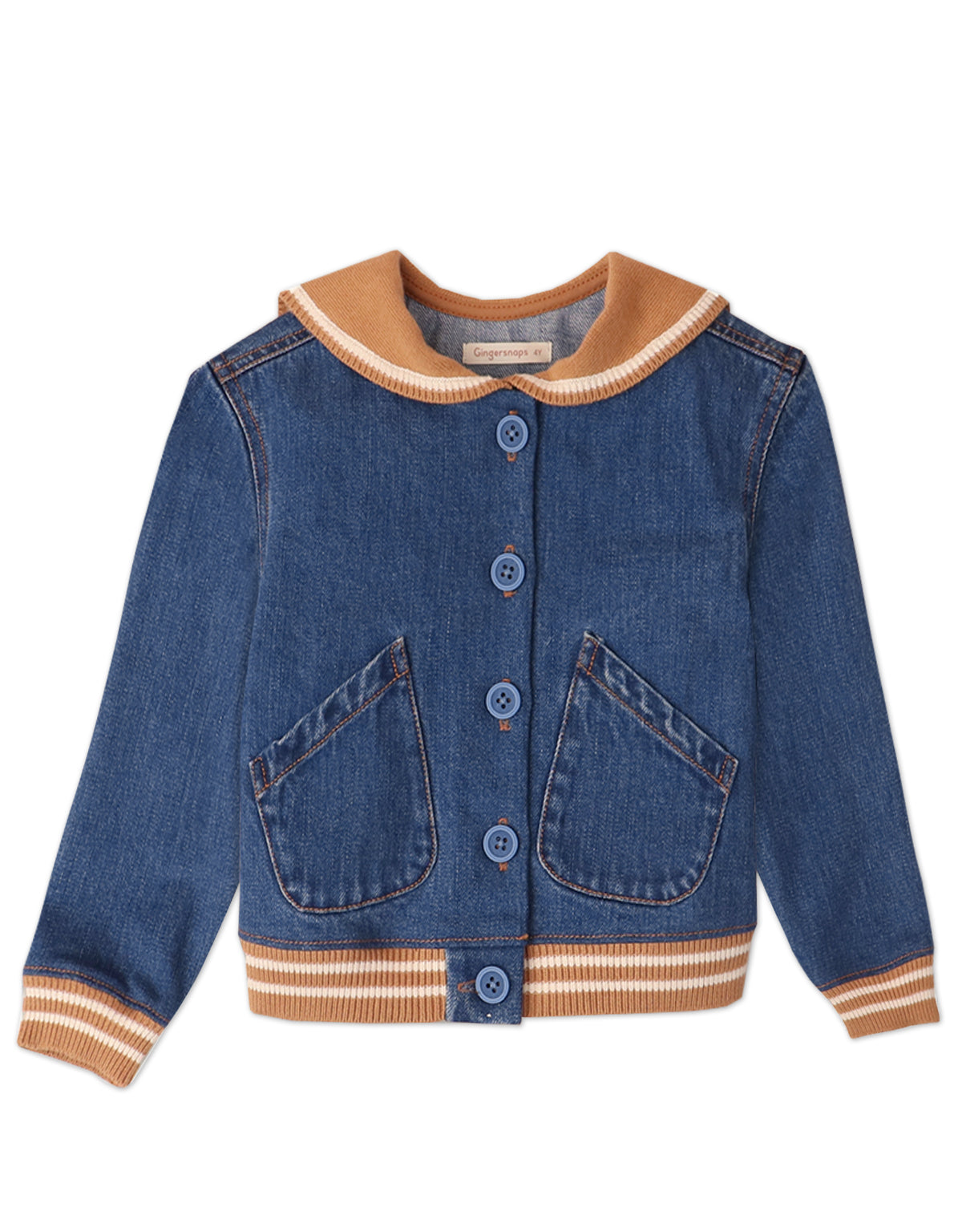 GIRLS SAILOR RIBBED COLLAR DENIM JACKET WITH STRIPEY RIBBED CUFFS AND HEM