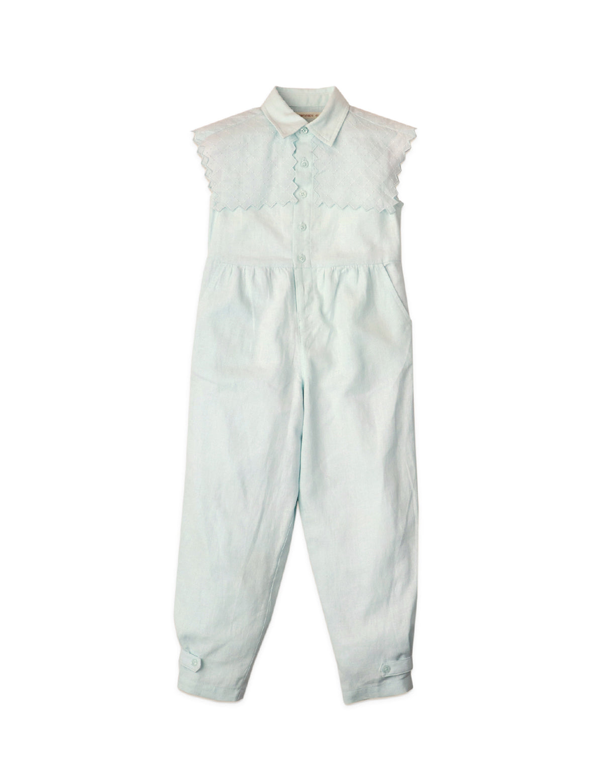 GIRLS LINEN JUMPSUIT WITH EMBROIDERED BIB COLLAR