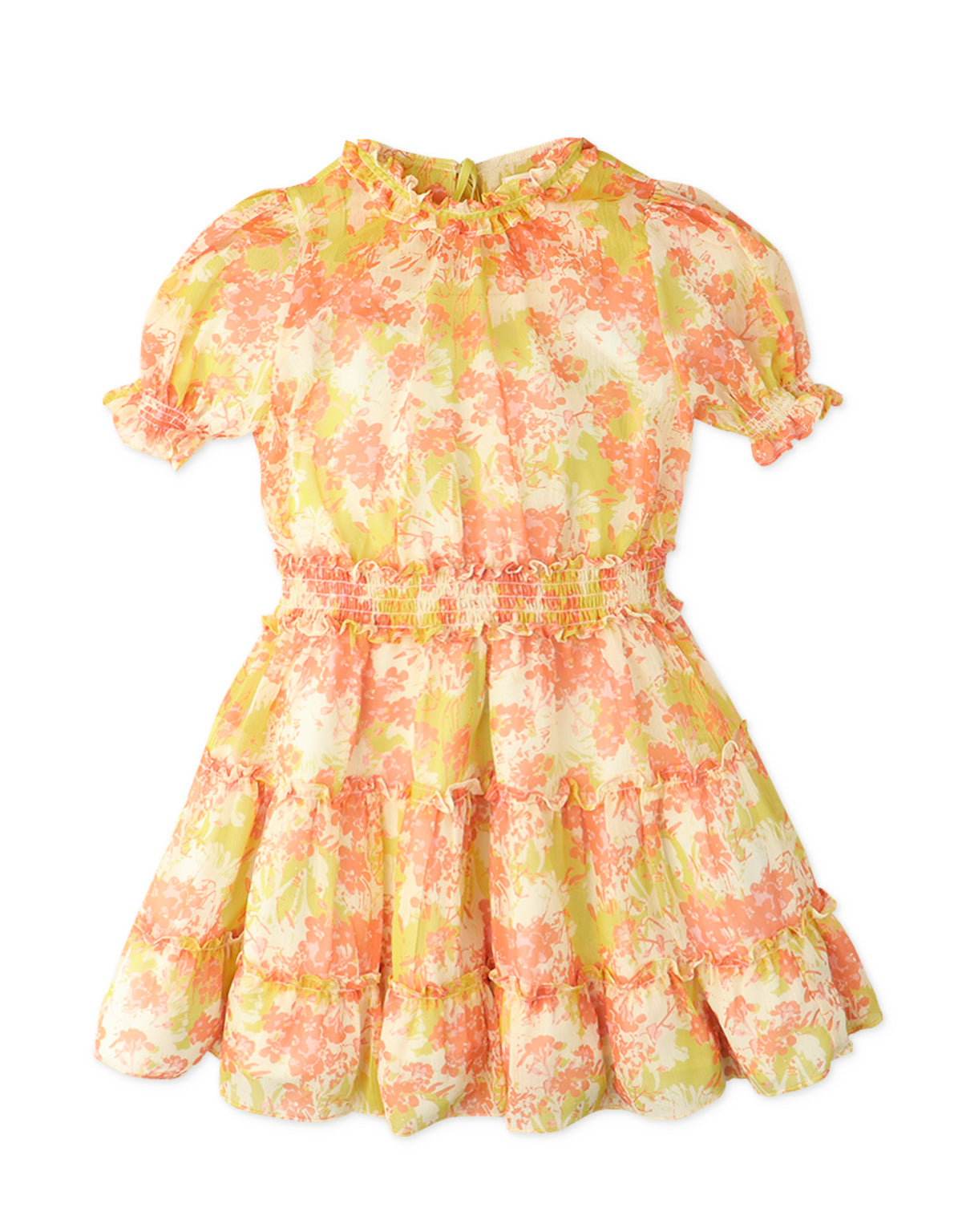 GIRLS SMOCKED WAIST TIERED DRESS WITH PUFF SLEEVES