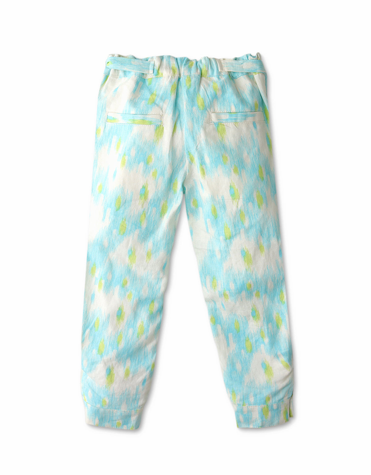 GIRLS IKAT PRINT PANTS WITH TIES & TASSEL FRINGE