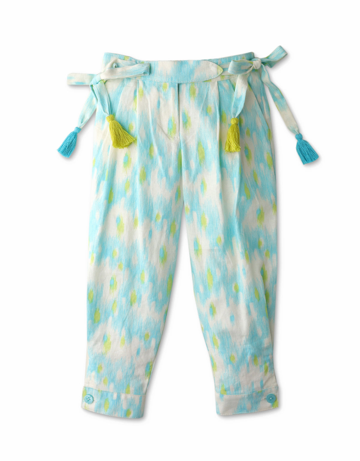 GIRLS IKAT PRINT PANTS WITH TIES & TASSEL FRINGE