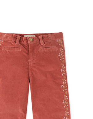 Girls Straight Fit Waleless Cord Pants With Side Embro style detail