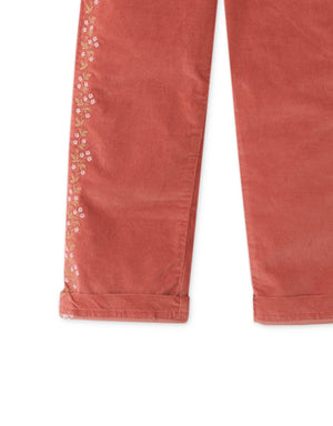 Girls Straight Fit Waleless Cord Pants With Side Embro close-up detail
