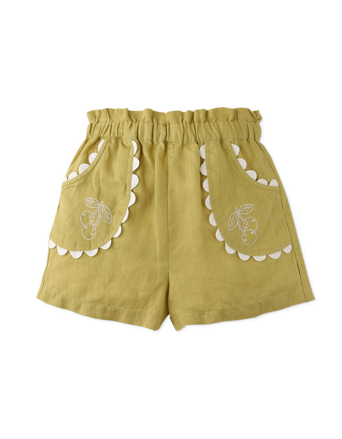 GIRLS PULL-ON SHORTS WITH CONTRAST RICRAC AND CHERRY EMBRO