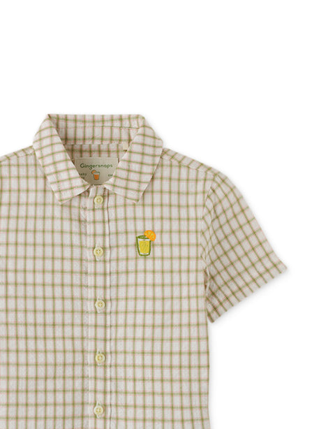 BABY BOYS CRUMPLED COTTON CHECKS SHORT SLEEVES SHIRT WITH EMBROIDERY
