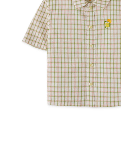 BABY BOYS CRUMPLED COTTON CHECKS SHORT SLEEVES SHIRT WITH EMBROIDERY