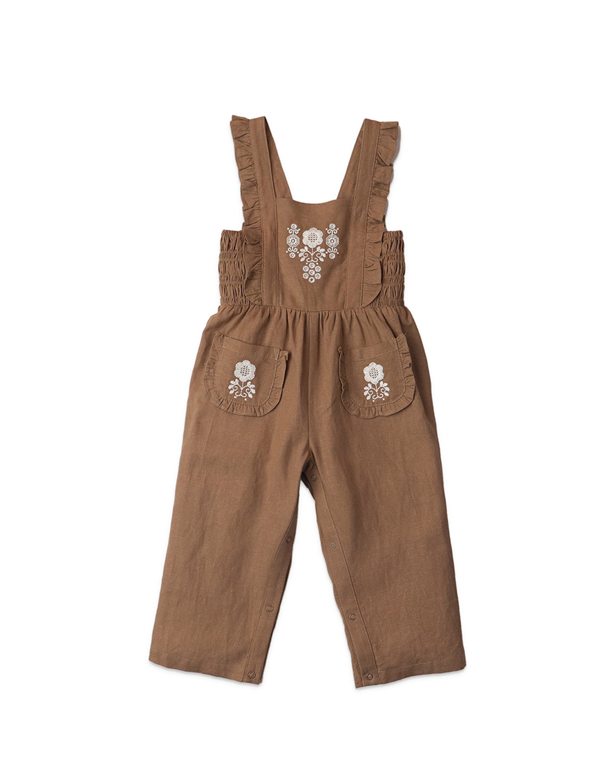 BABY GIRLS EMBROIDERED LINEN JUMPSUIT WITH RUFFLES