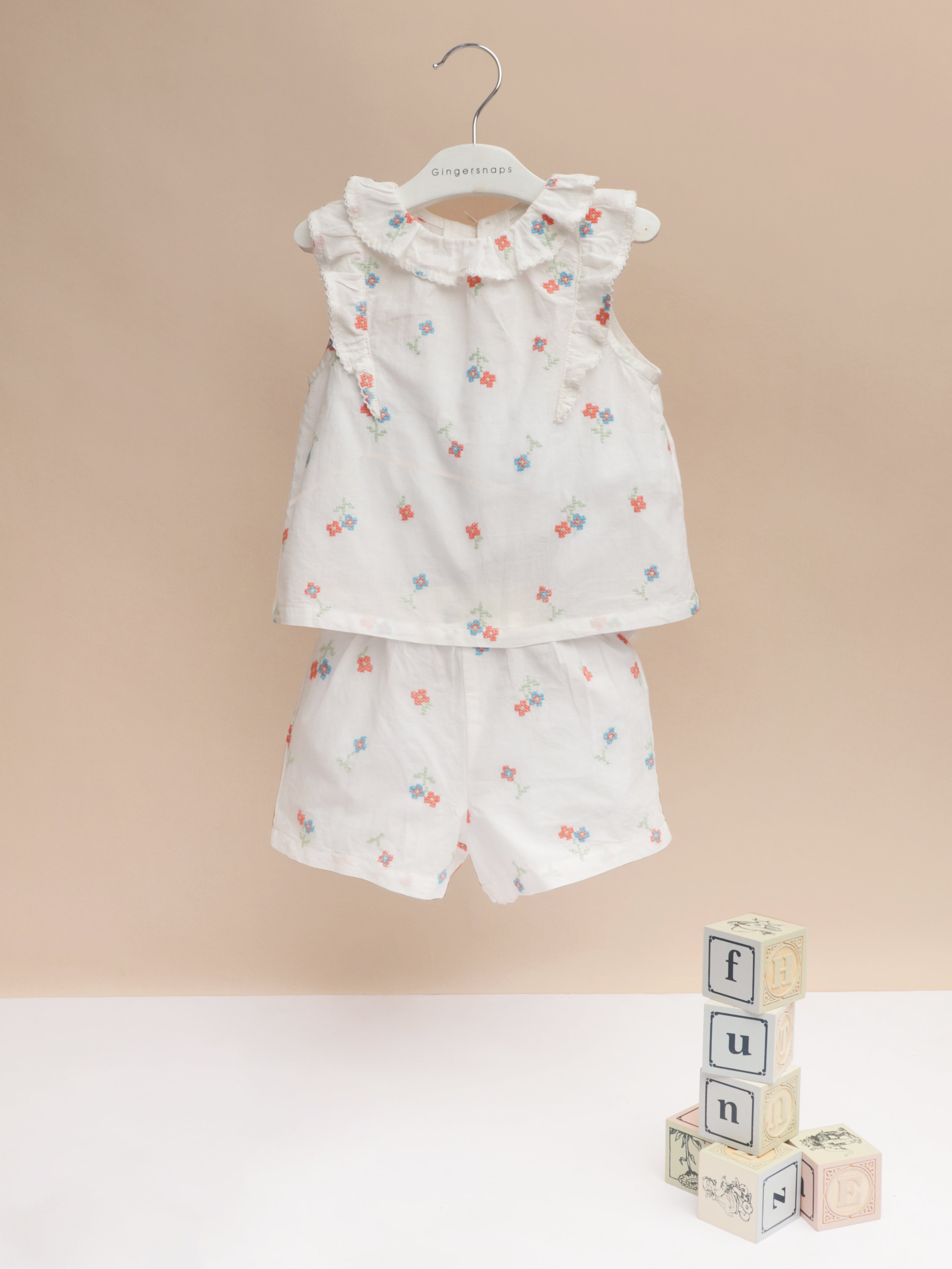 BABY MELANIE CROSS-STITCHED SHORTS SET