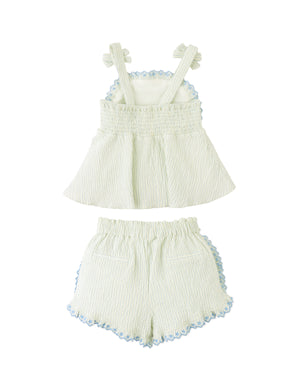 Isabel Ruffled Striped Apron Top with Tie Straps & Ruffled Shorts outfit styling