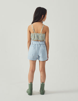Eloise Halter Top with Large Flower Appliqué & Contrast Stitching fabric and fit detail