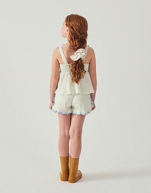 Isabel Ruffled Striped Apron Top with Tie Straps & Ruffled Shorts fabric and fit detail