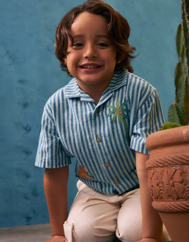 BOYS STRIPE CUBANO SHIRT WITH EMBROIDERY