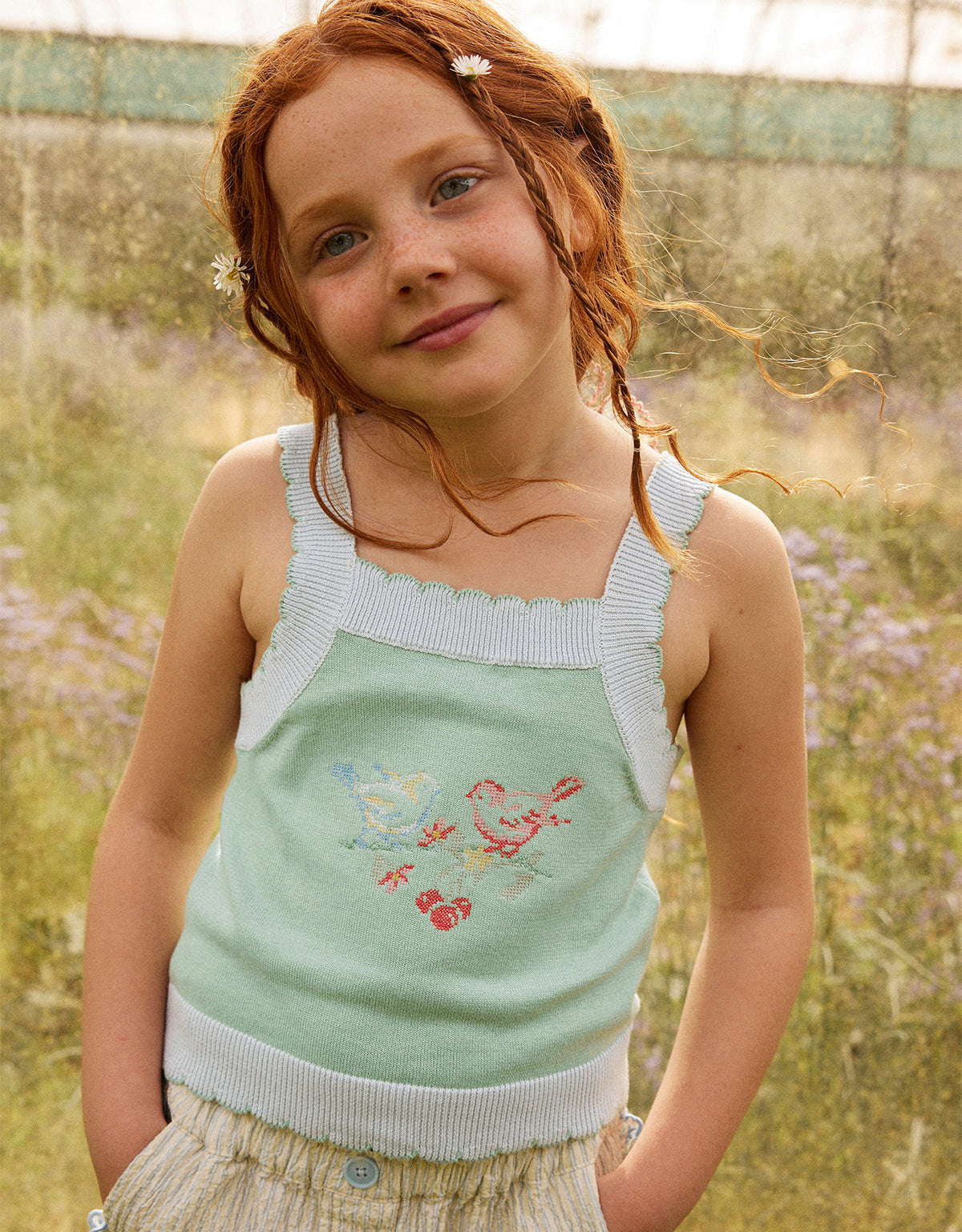 Gabriella Top with Cross-Stitch Embroidery & Scalloped Edges