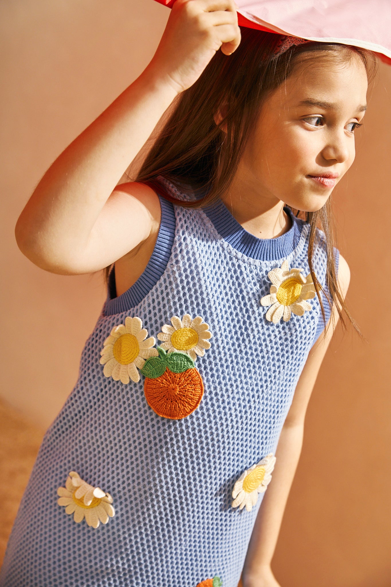 GIRLS CROCHET DRESS WITH ORANGE AND FLOWER APPLIQUES