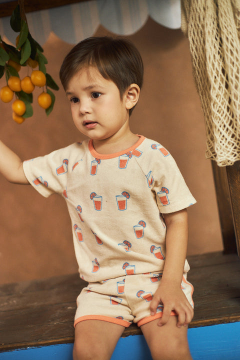 BABY BOYS ORANGE GLASS ALL OVER PRINT TOWEL TERRY SHORTS SET
