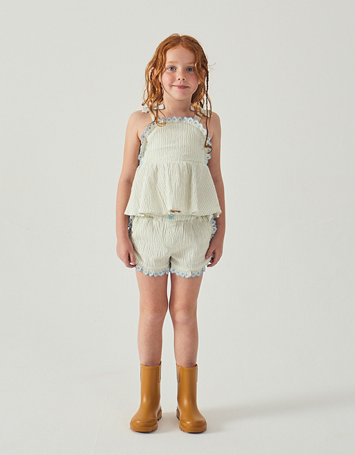 Isabel Ruffled Striped Apron Top with Tie Straps & Ruffled Shorts style detail