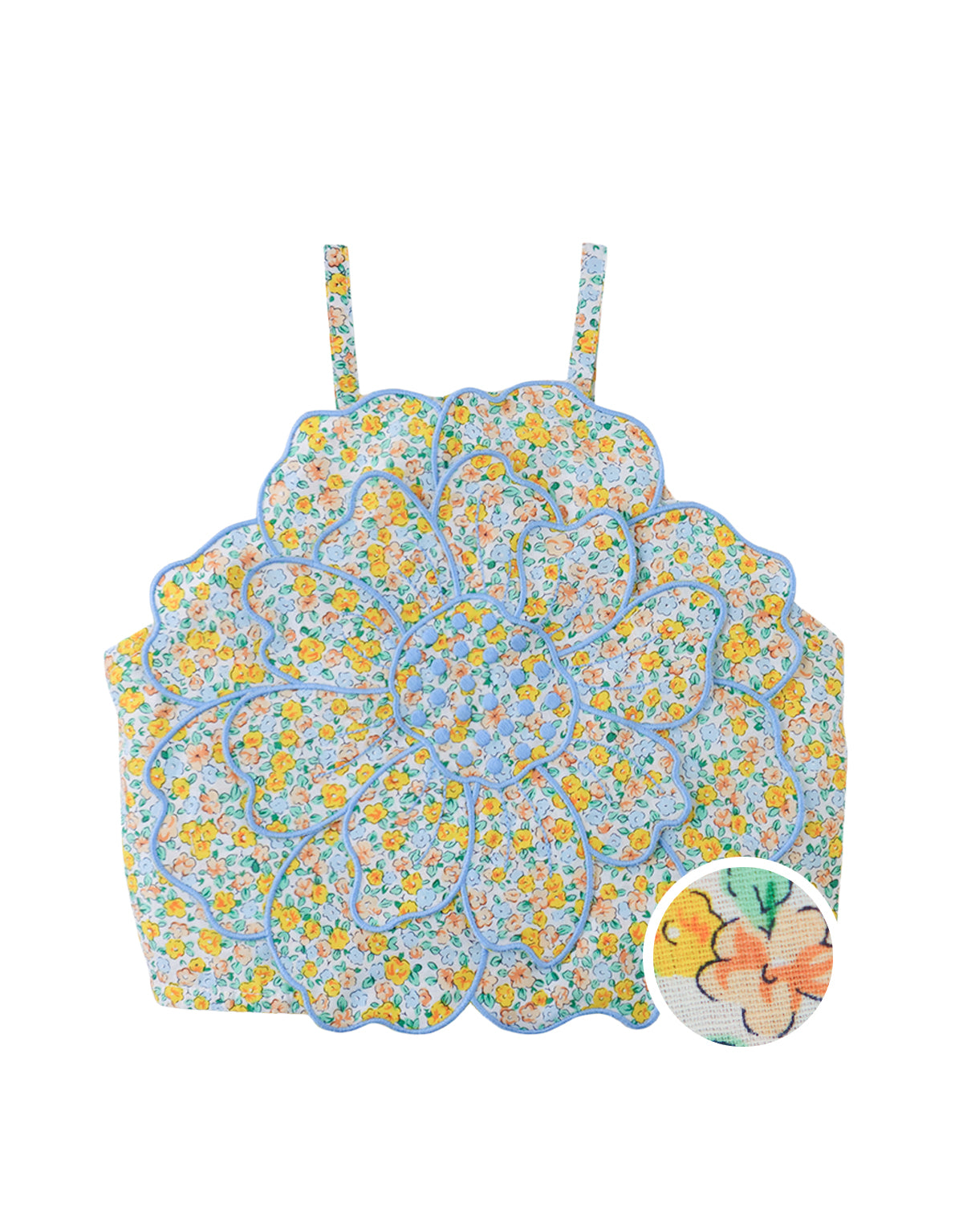 Eloise Halter Top with Large Flower Appliqué & Contrast Stitching style detail