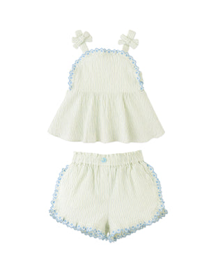 Isabel Ruffled Striped Apron Top with Tie Straps & Ruffled Shorts close-up detail