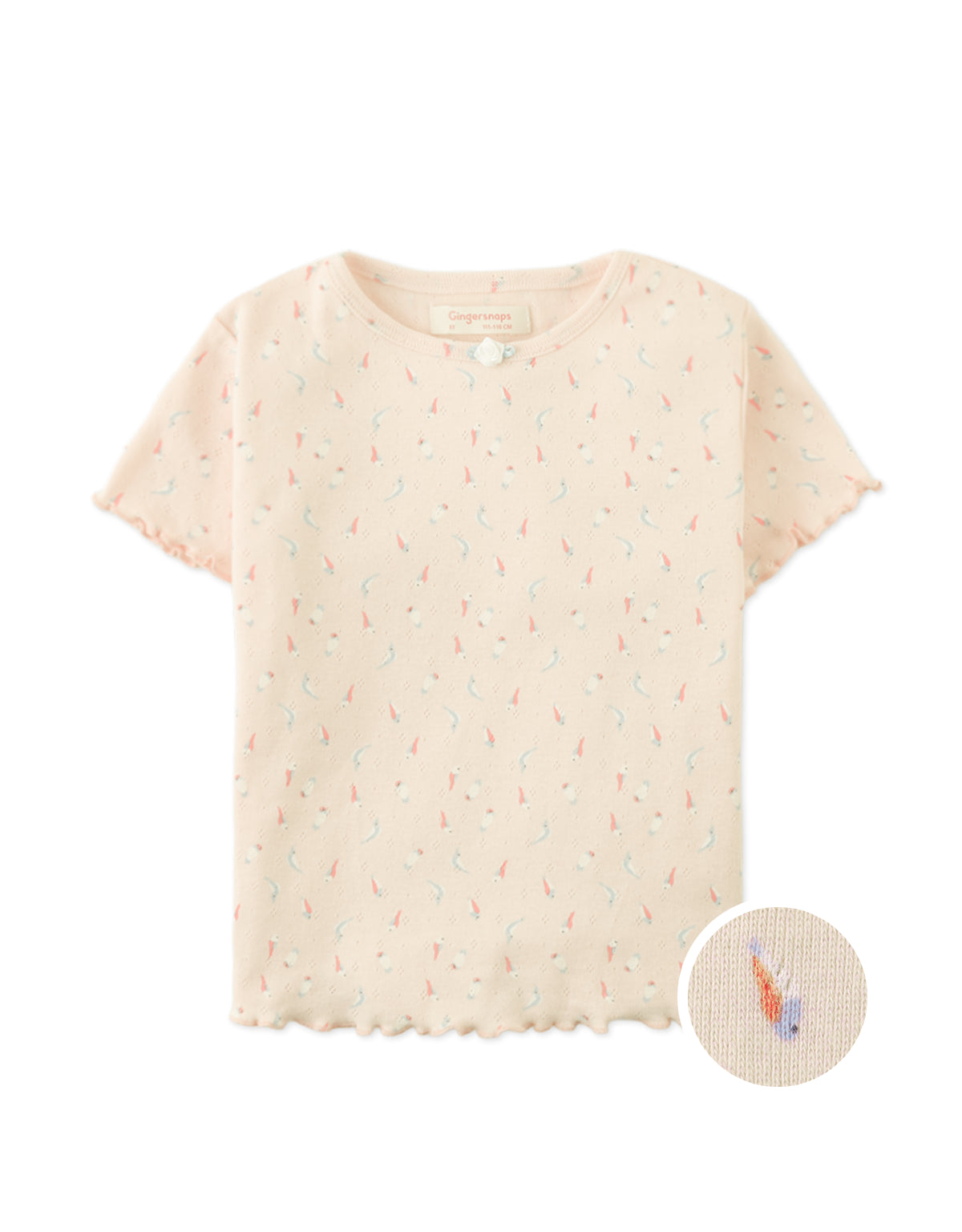 Anya Pointelle Tee with All-Over Floral Print and Satin Bow in Peach