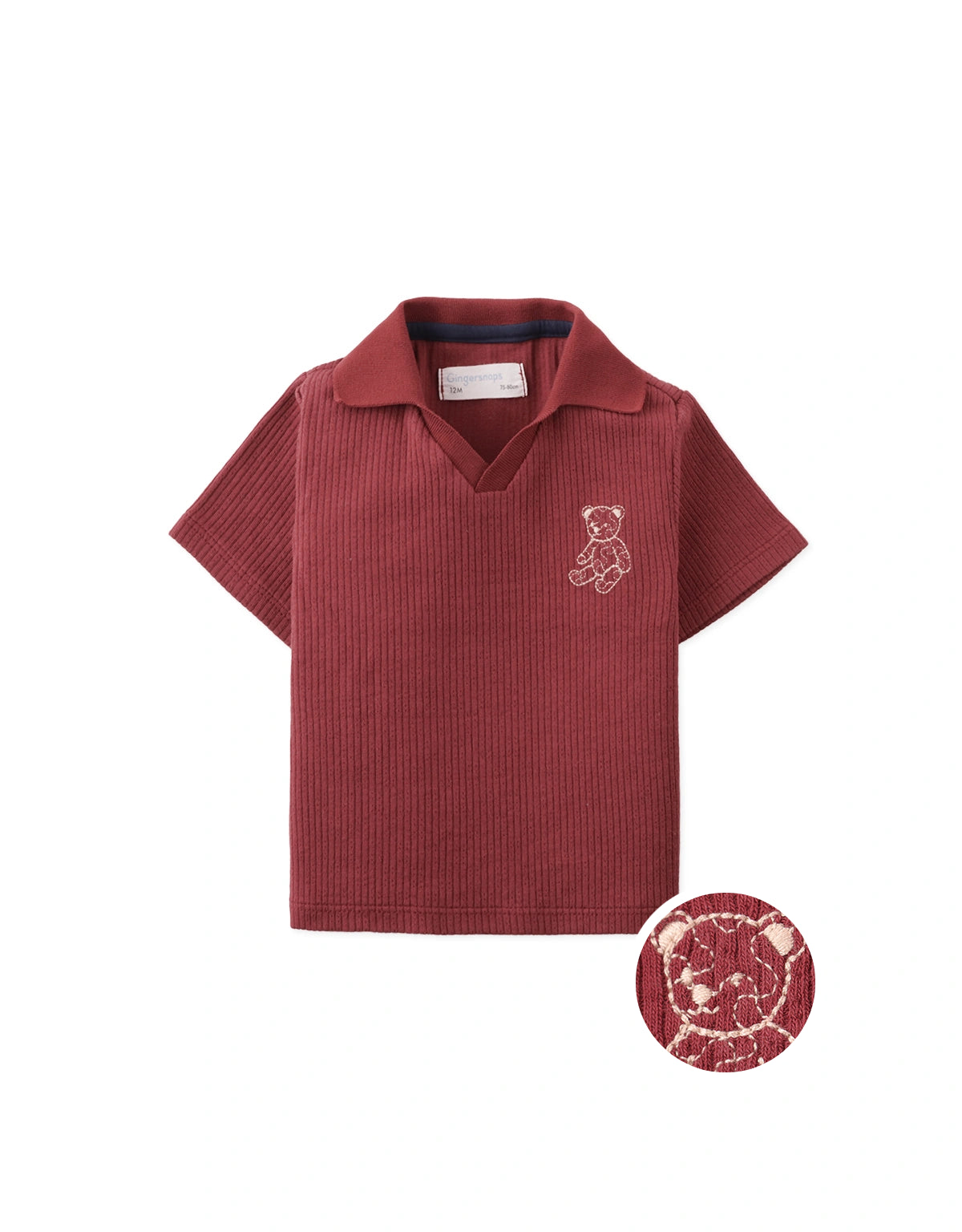 Baby Jericho Fine Pointelle Knit Open-Collar Polo with Embroidered Bear
