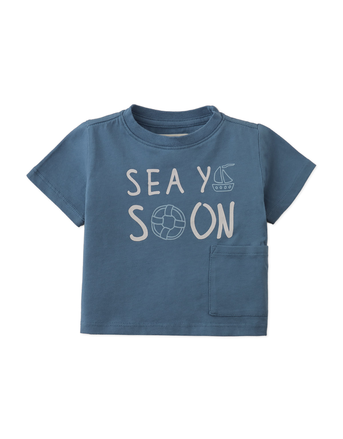 Baby Andre Graphic Tee with "Sea Ya Soon" Print and Side Patch Pocket