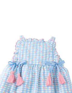 Baby Powder Dress with Embroidered Ruffles & Bow Details front view
