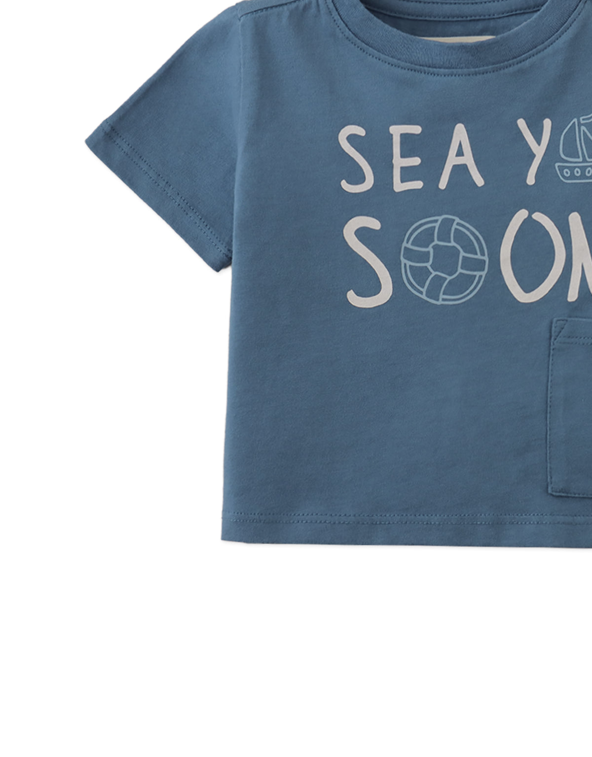 Baby Andre Graphic Tee with Sea Ya Soon Print and Side Patch Pocket style detail