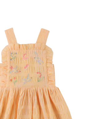Emily Ruffled Apron Dress with Botanical Embroidery close-up detail