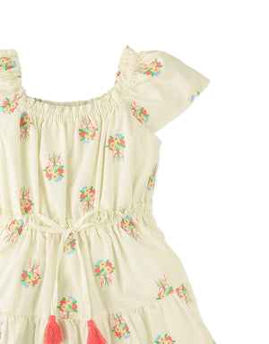 Avery Embroidered Dress with Bubble Sleeves close-up detail