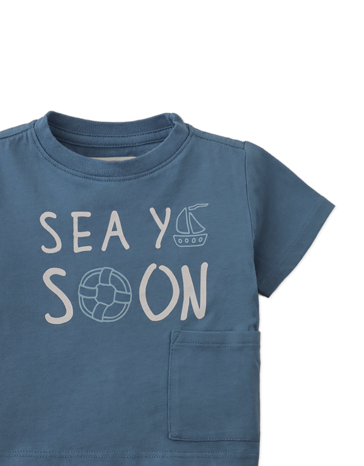 Baby Andre Graphic Tee with Sea Ya Soon Print and Side Patch Pocket close-up detail