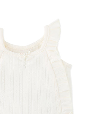 Baby Freyja Diamond Row Pointelle Jersey Knit with Ruffles & Rosette Details close-up detail