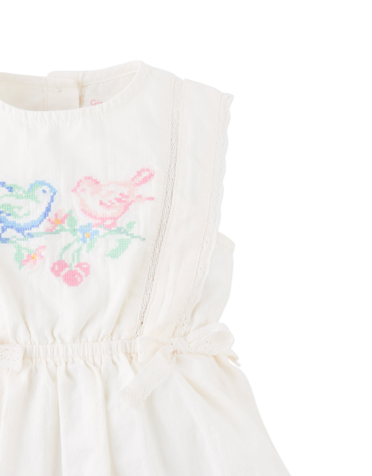 Baby Charlee Cross-Stitch Embroidered Dress with Waist Bows close-up detail