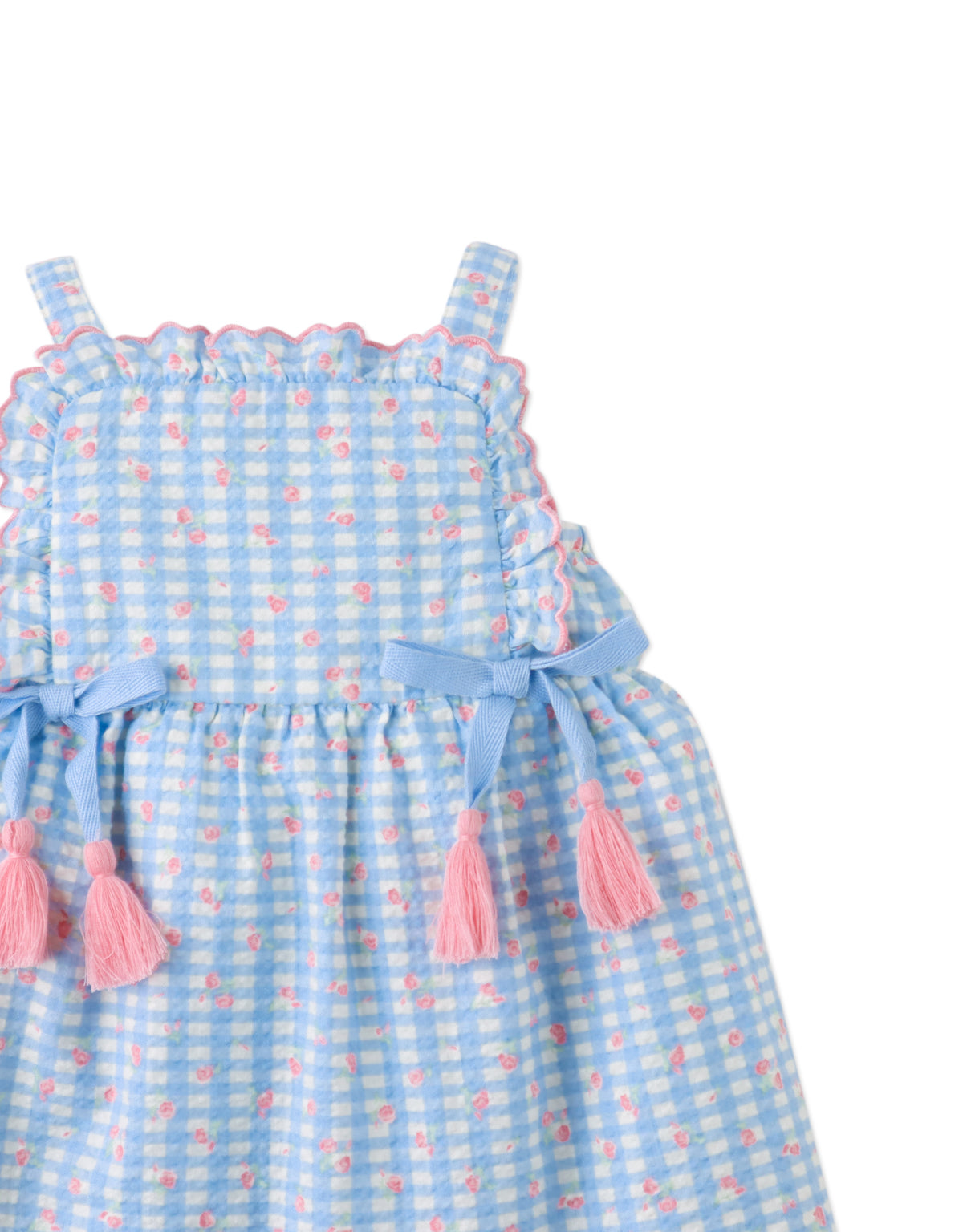 Baby Powder Dress with Embroidered Ruffles & Bow Details close-up detail
