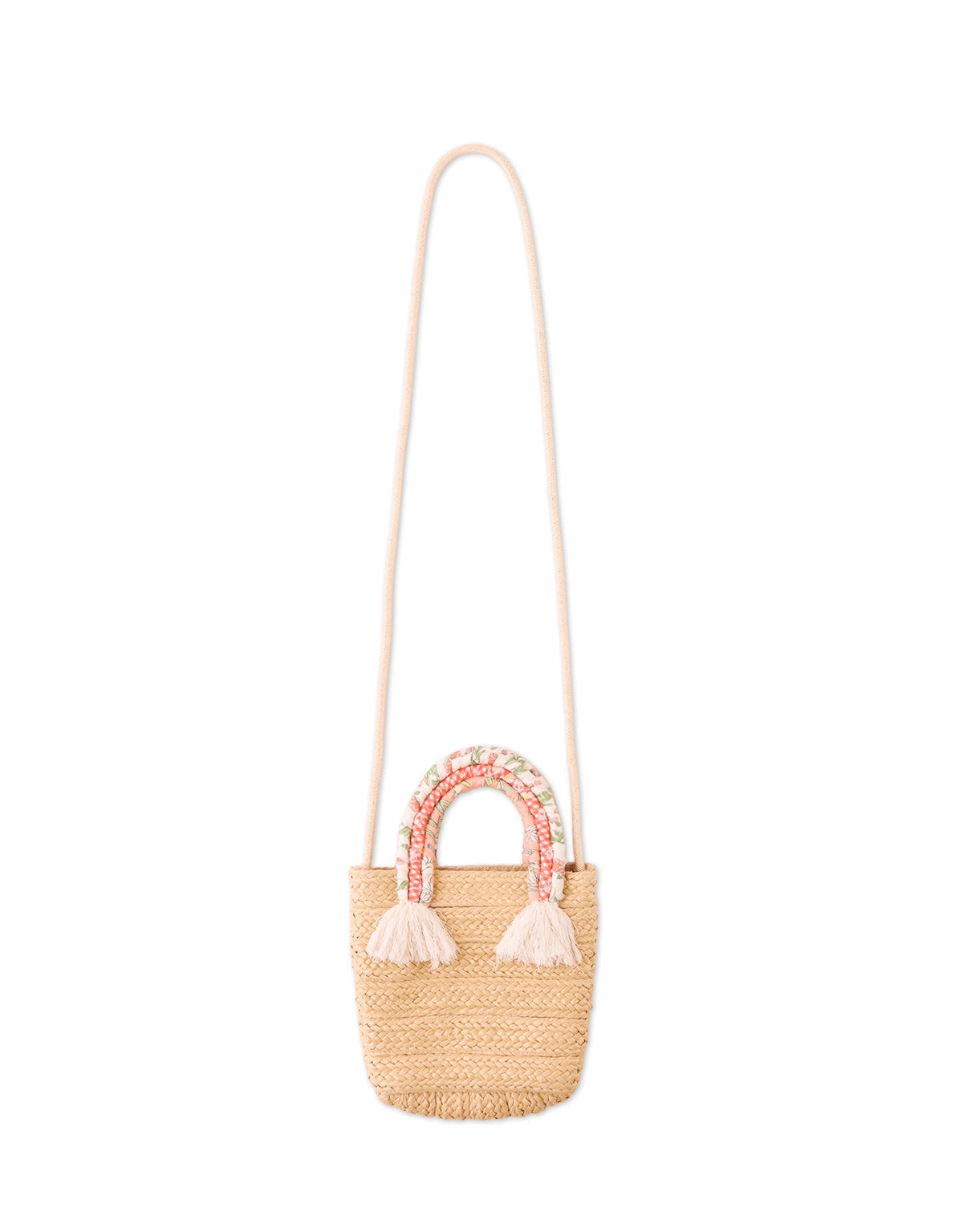 CLEMENTINE RAFFIA SLING BAG WITH PRINTED FABRIC HANDLE