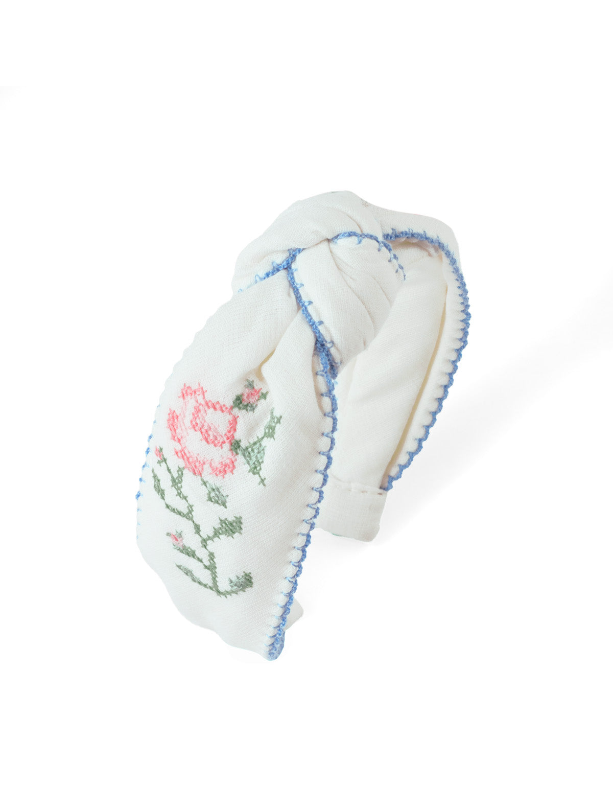 Primrose Crosstitch Embroidered Headband With Contrast Picoting front view