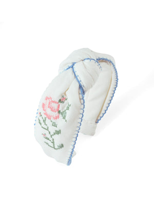 Primrose Crosstitch Embroidered Headband With Contrast Picoting front view