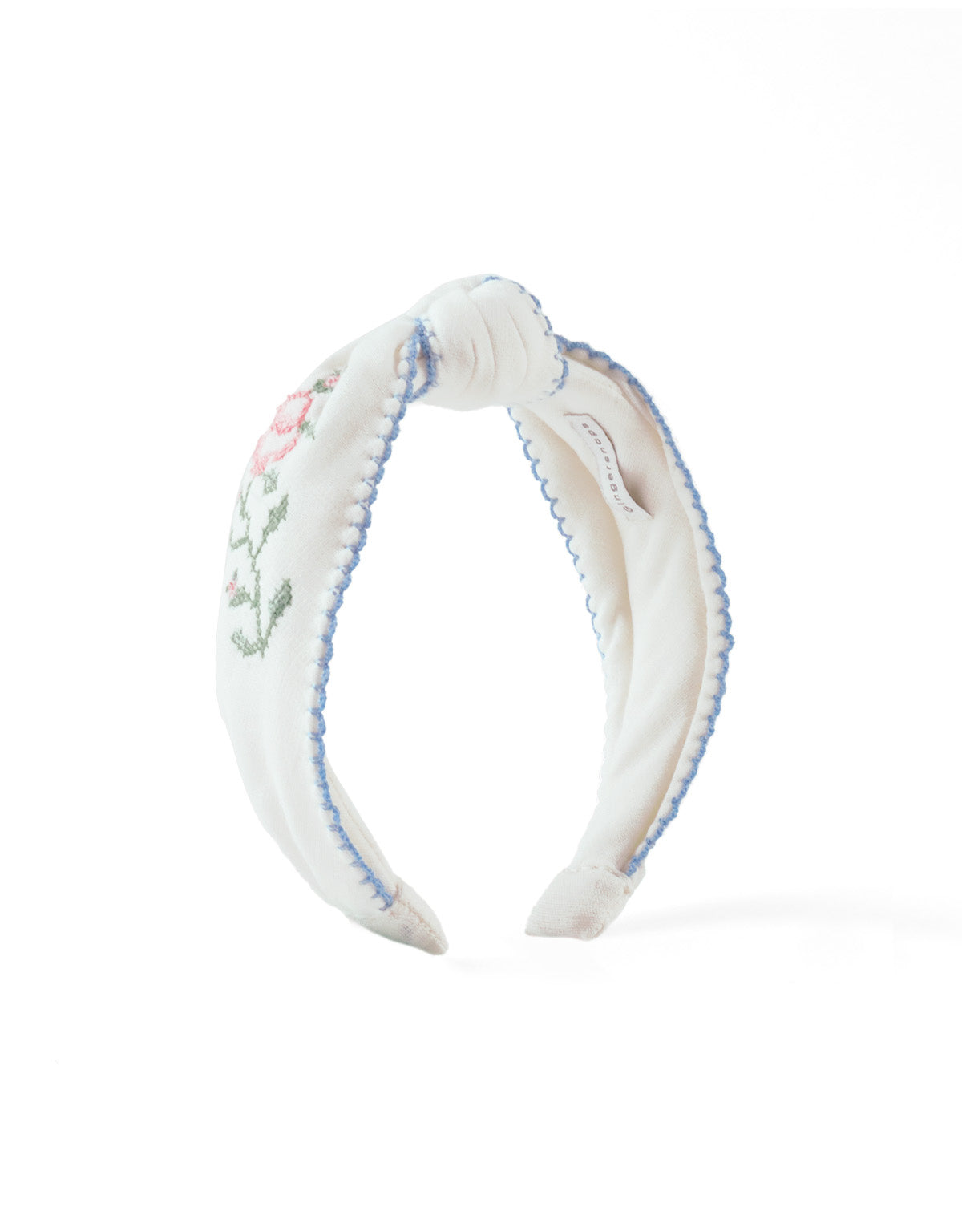 Primrose Crosstitch Embroidered Headband With Contrast Picoting close-up detail
