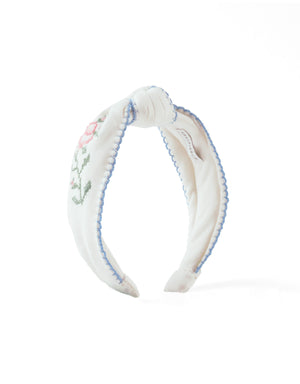 Primrose Crosstitch Embroidered Headband With Contrast Picoting close-up detail