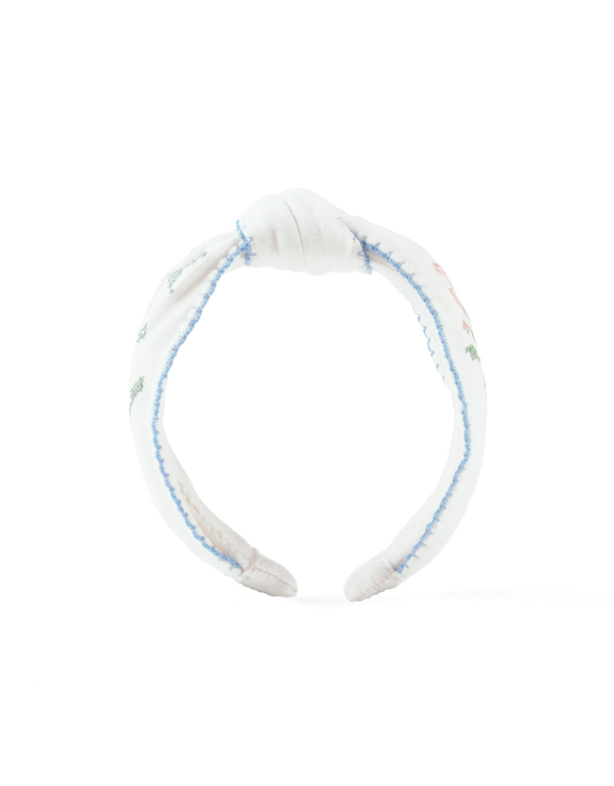 Primrose Crosstitch Embroidered Headband With Contrast Picoting outfit styling