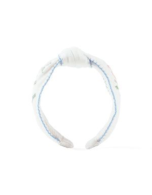 Primrose Crosstitch Embroidered Headband With Contrast Picoting outfit styling